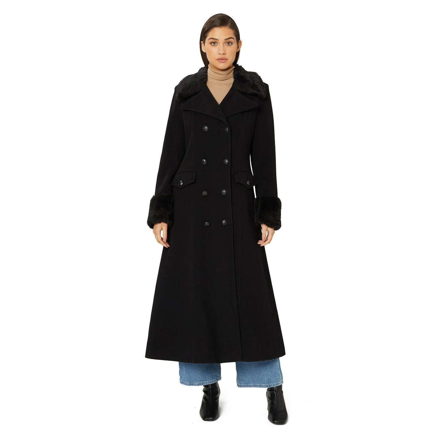 Alexa Wool Blend Faux Fur Trim Maxi Coat