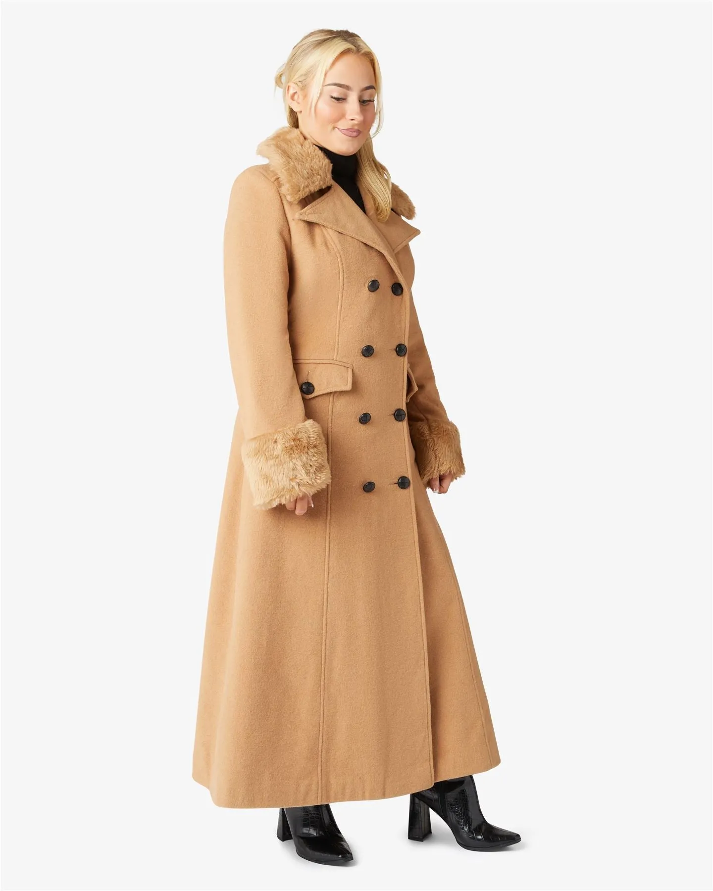 Alexa Wool Blend Faux Fur Trim Maxi Coat