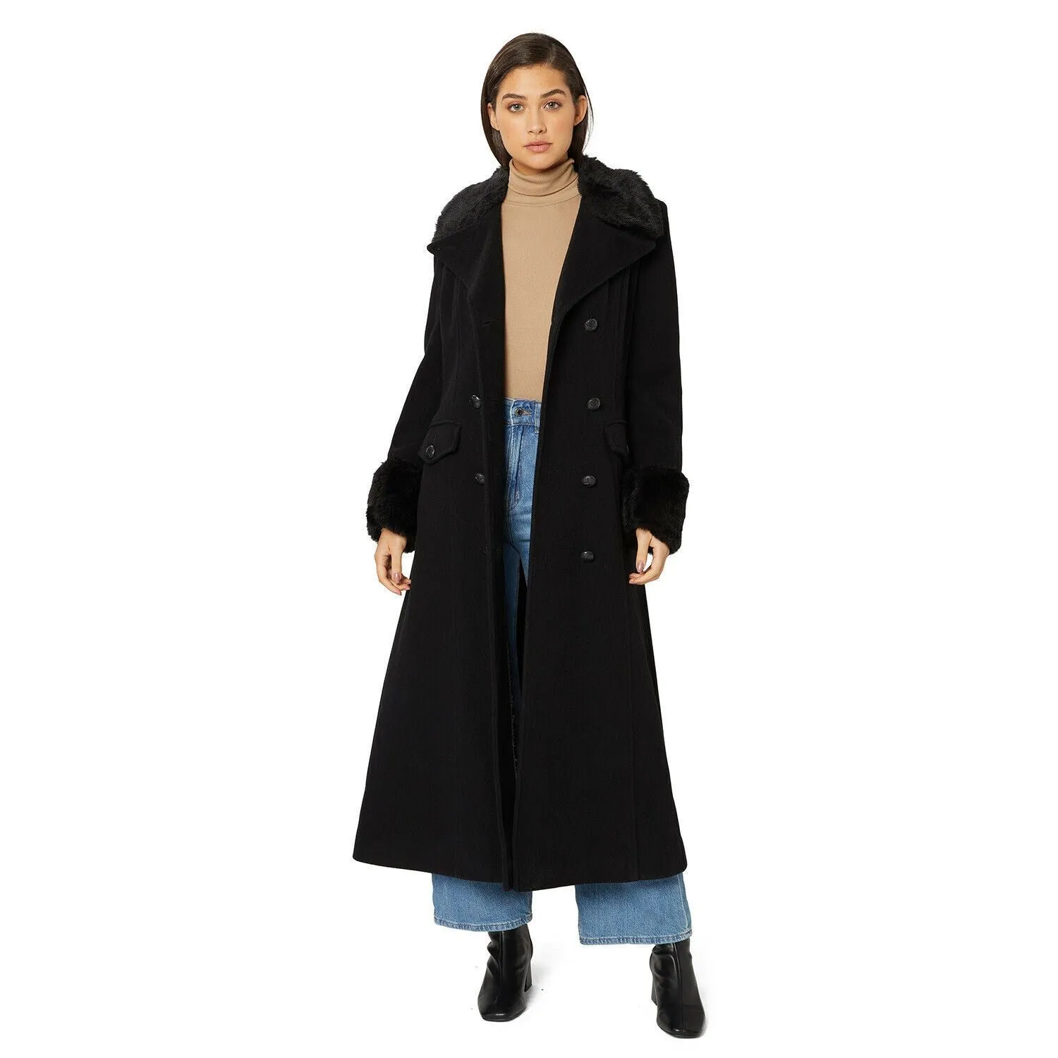 Alexa Wool Blend Faux Fur Trim Maxi Coat