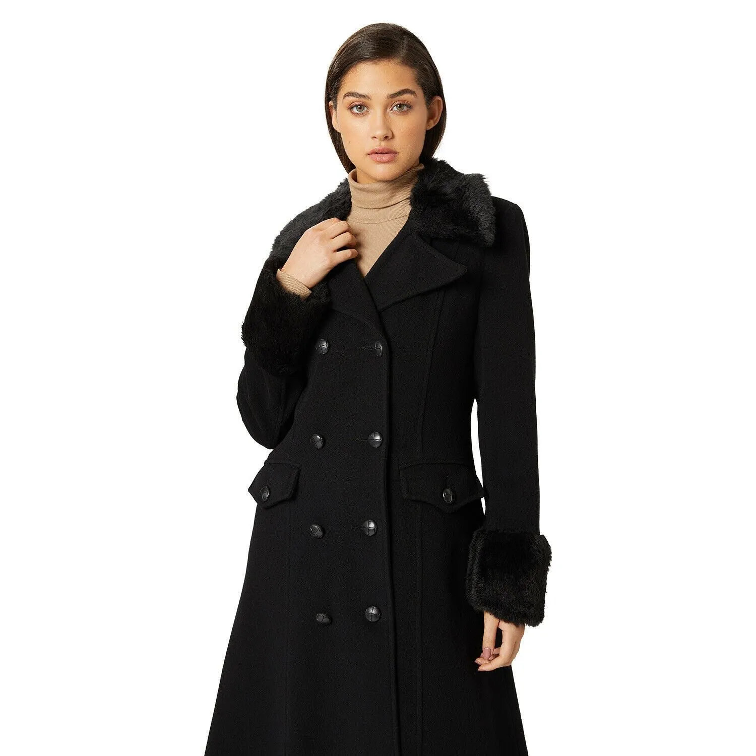 Alexa Wool Blend Faux Fur Trim Maxi Coat