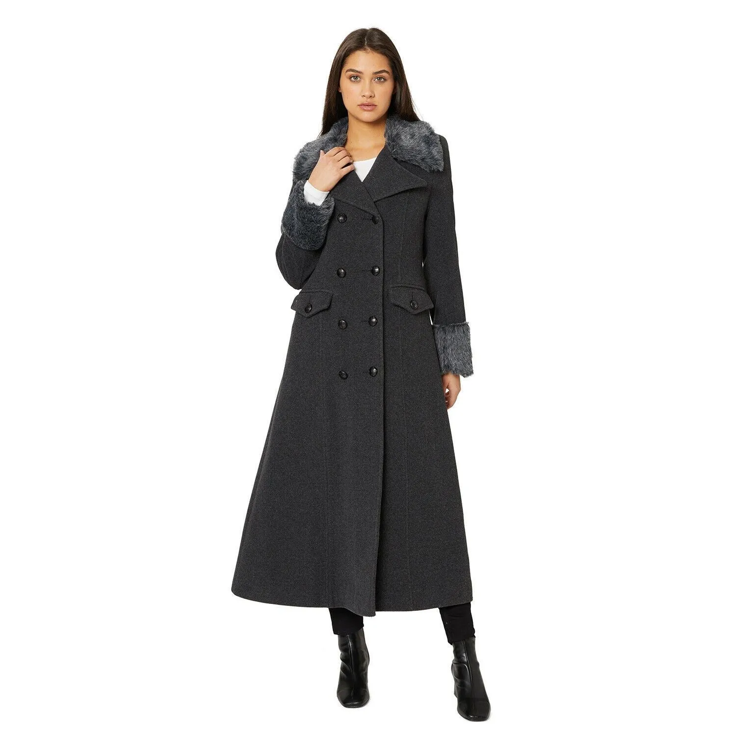 Alexa Wool Blend Faux Fur Trim Maxi Coat