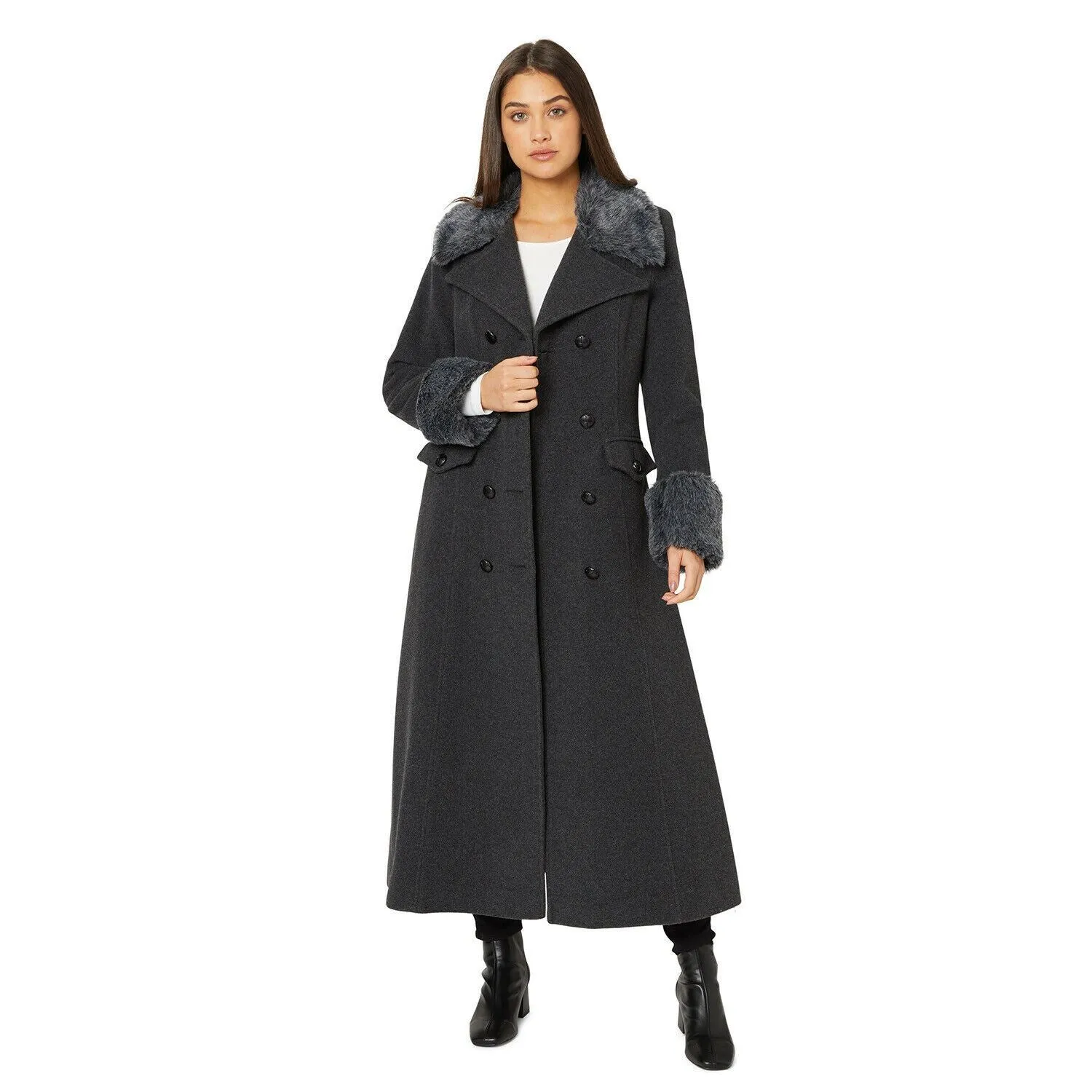 Alexa Wool Blend Faux Fur Trim Maxi Coat