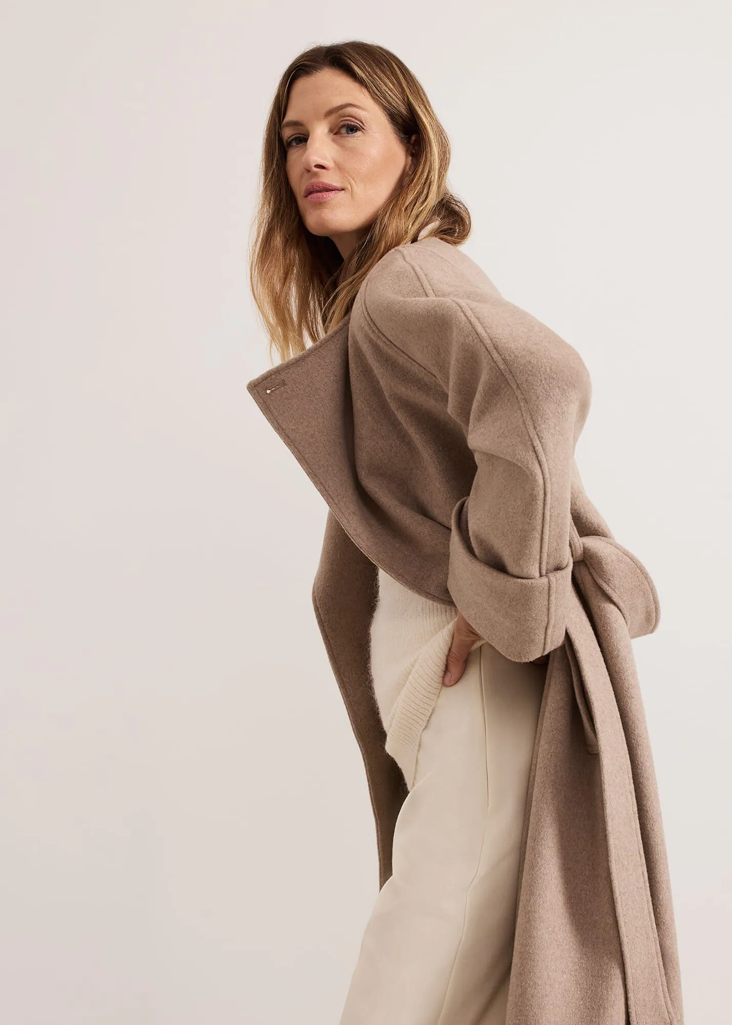 Aoife Collarless Wool Wrap Midi Coat