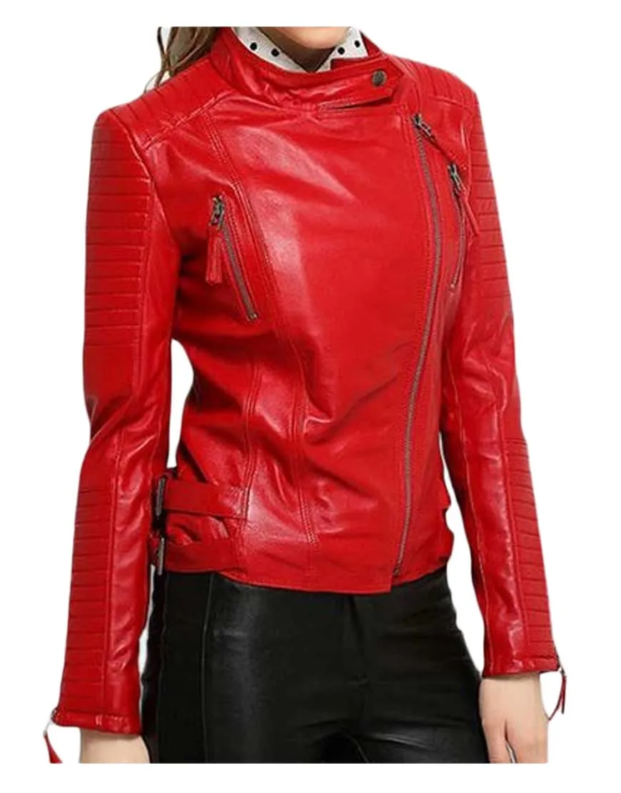 Asymmetrical Zipper Elegant Womens Red Leather Motorcycle Jacket - UJackets