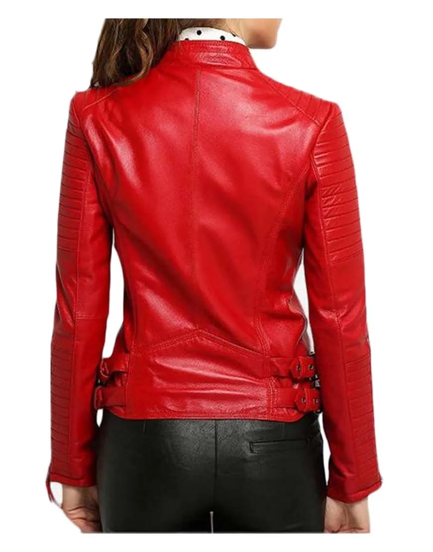 Asymmetrical Zipper Elegant Womens Red Leather Motorcycle Jacket - UJackets