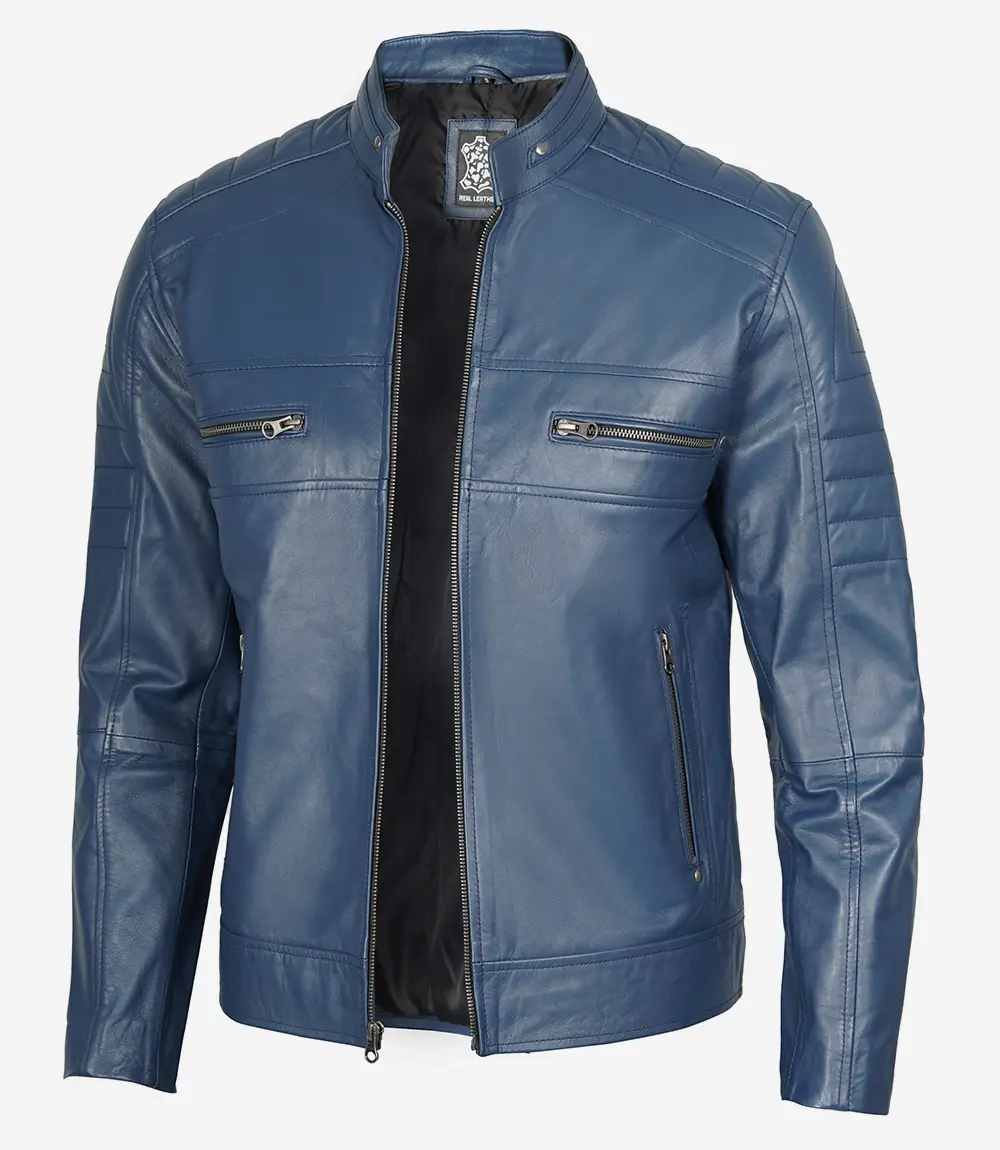 Austin Men Cafe Racer Blue Real Leather Jacket