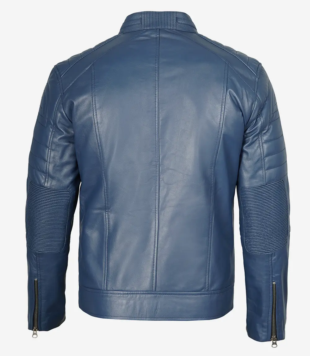 Austin Men Cafe Racer Blue Real Leather Jacket