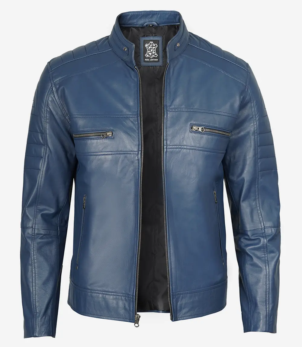 Austin Men Cafe Racer Blue Real Leather Jacket