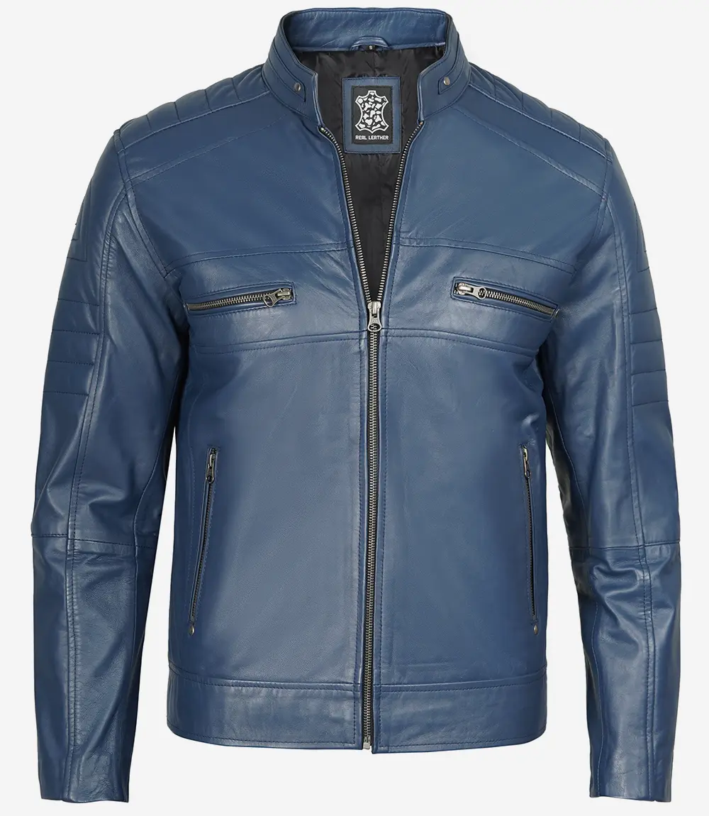 Austin Men Cafe Racer Blue Real Leather Jacket