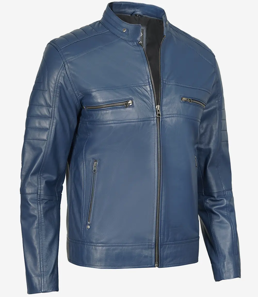 Austin Men Cafe Racer Blue Real Leather Jacket