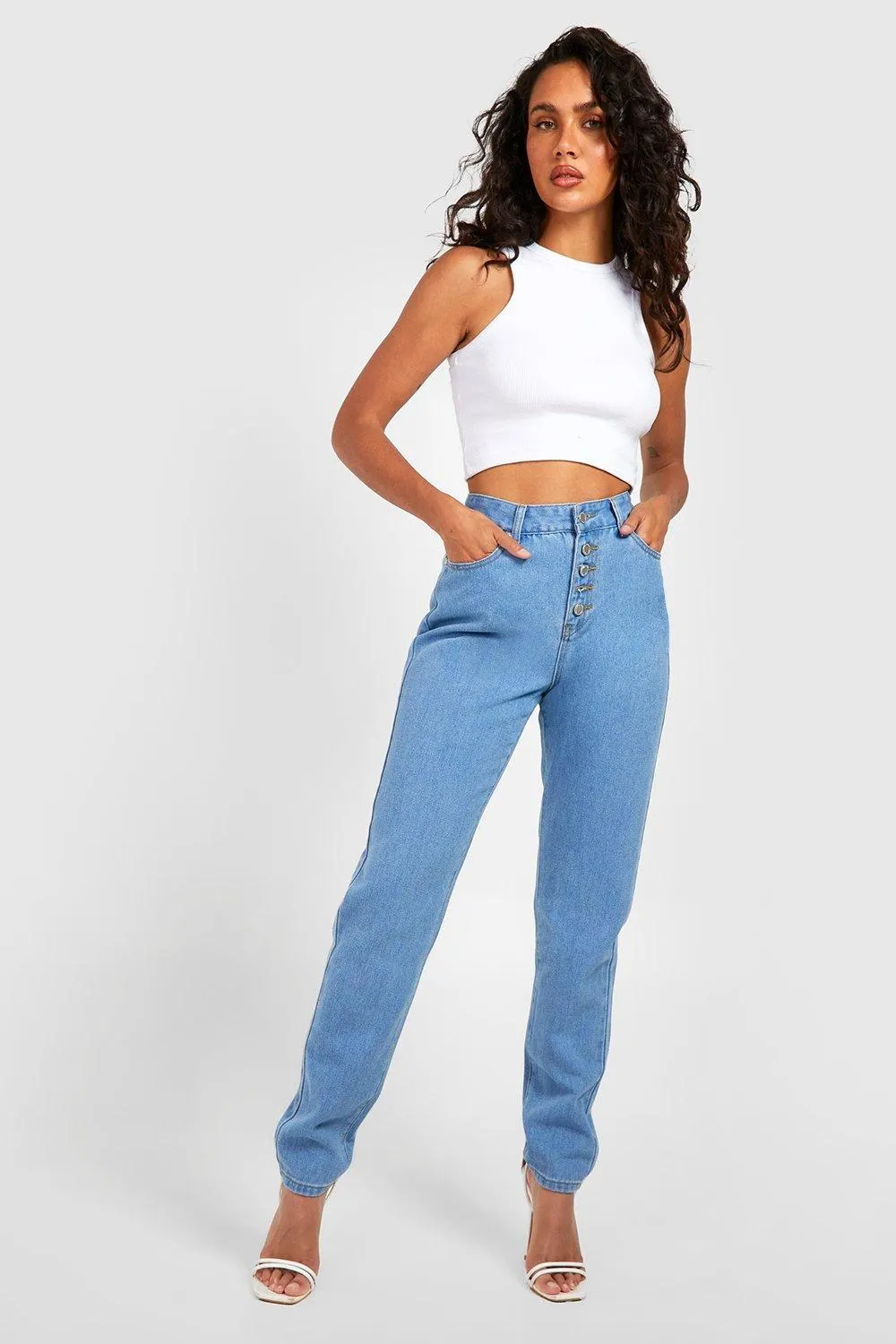 Basics High Waisted Button Front Mom Jeans