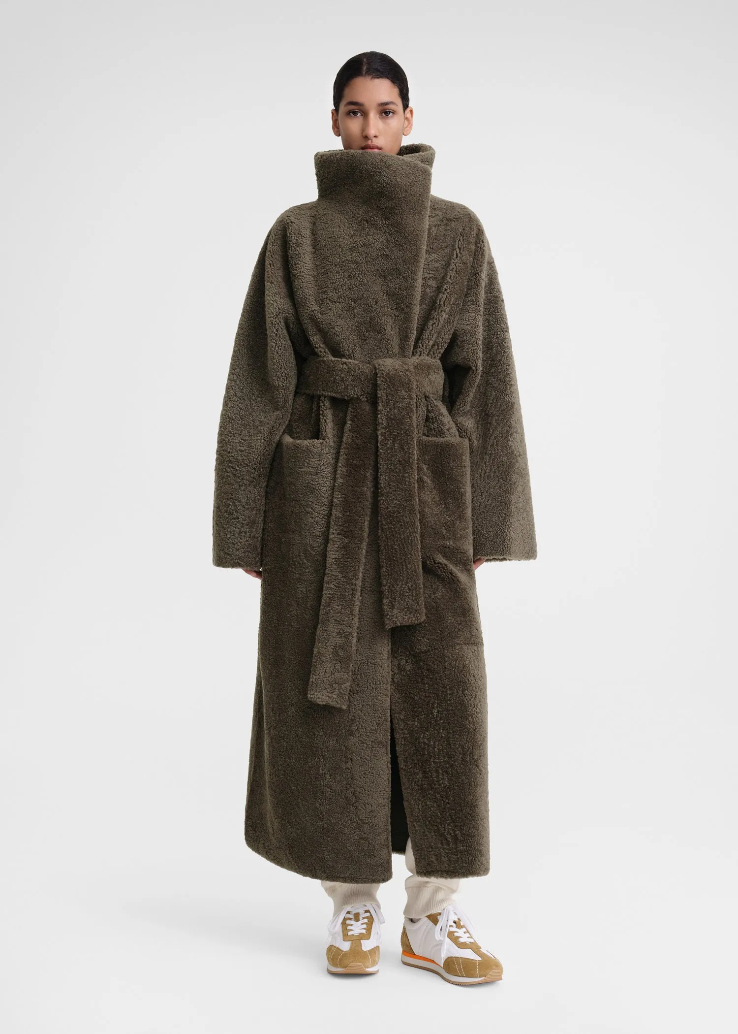 Belted teddy shearling coat cement green