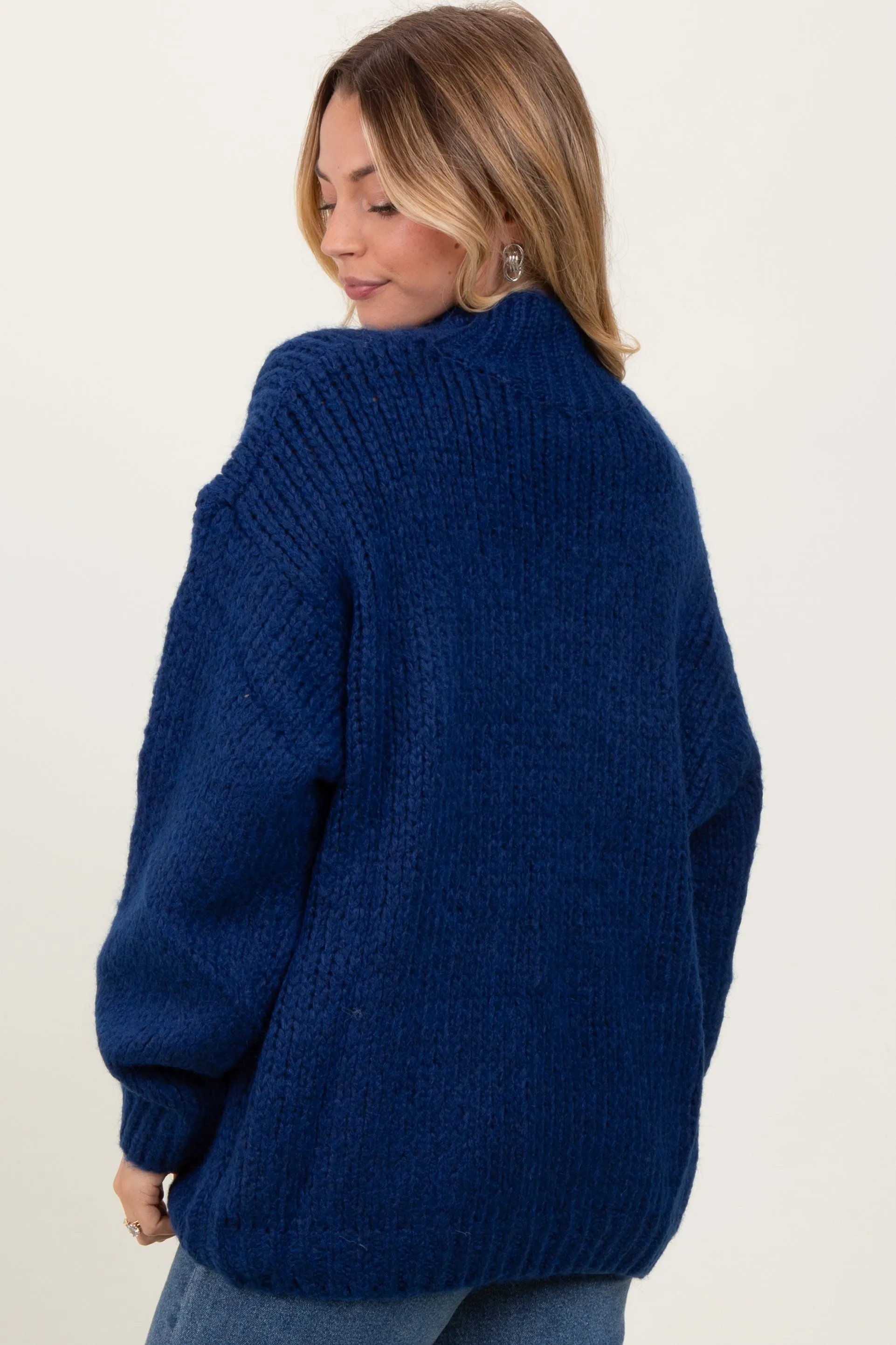 Blue Chunky Knit Mock Neck Sweater