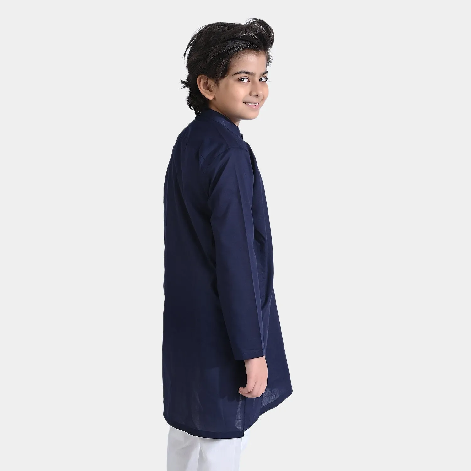 Boys Cotton Slub Embroidered Kurta (Sequins EMB)-NAVY