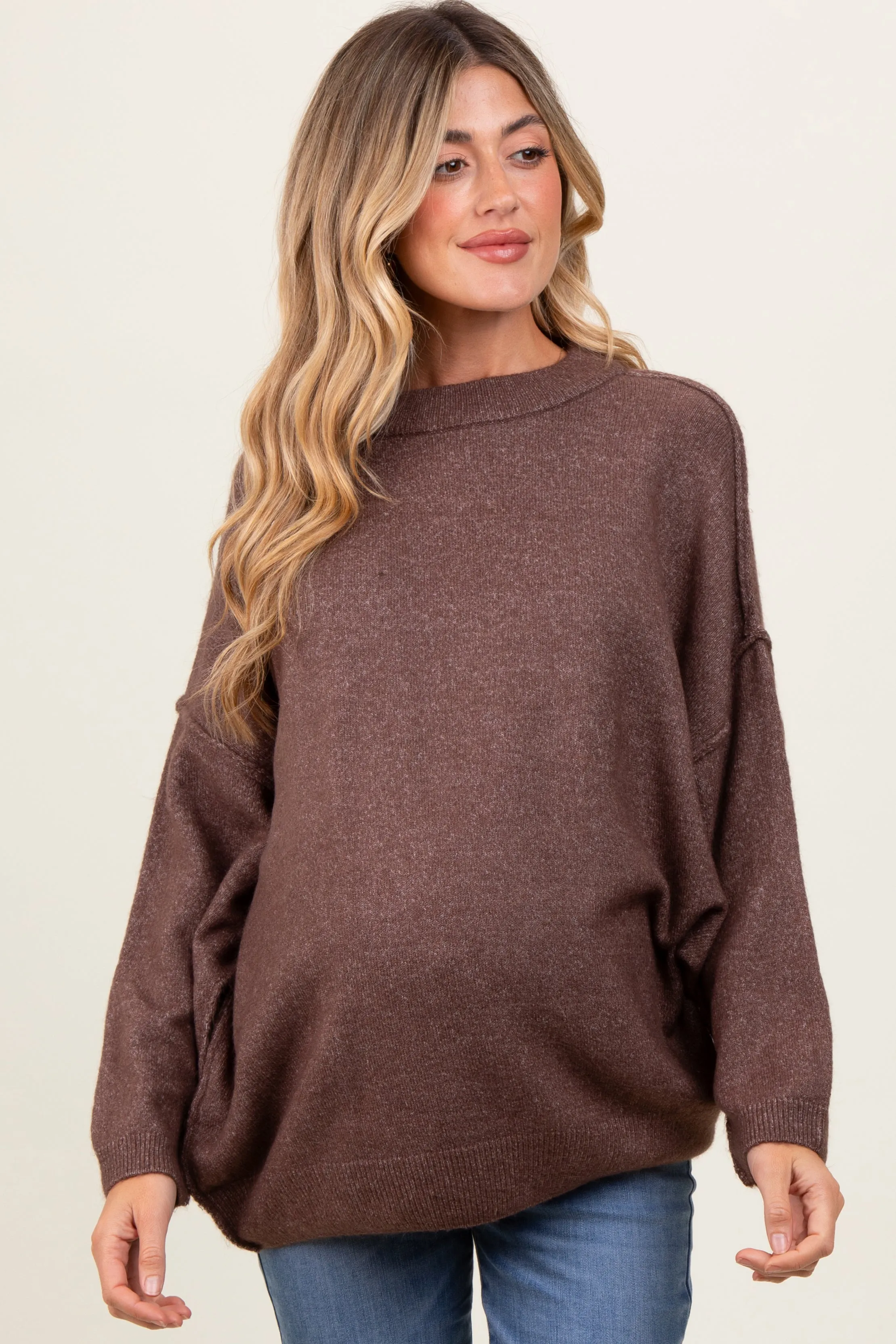 Brown Oversized Crewneck Melange Knit Maternity Sweater