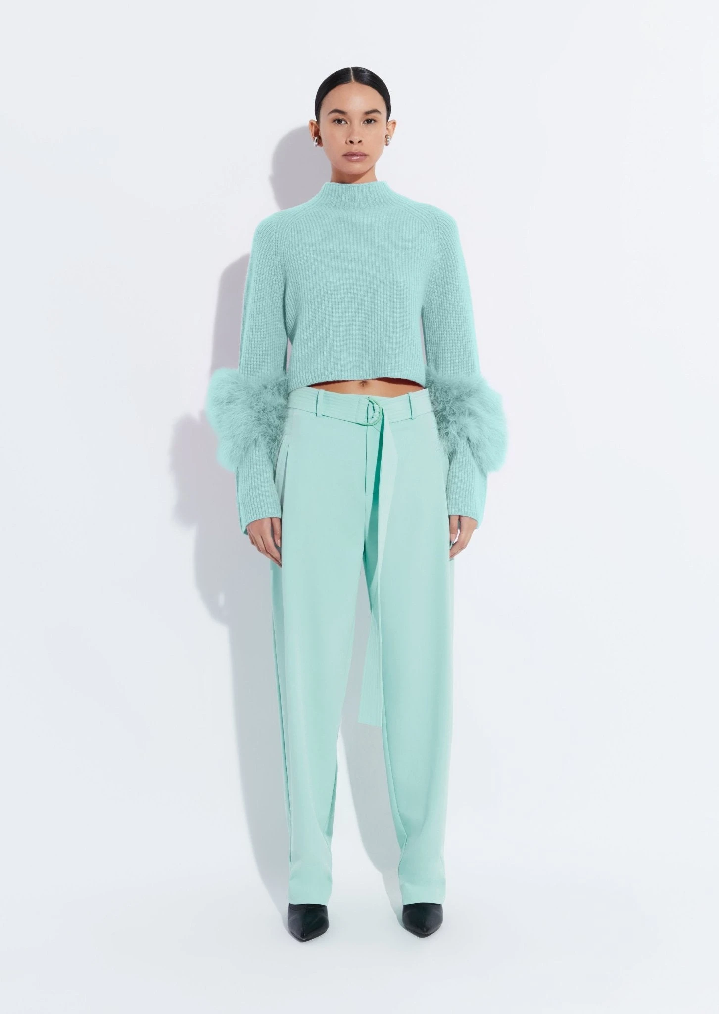 		Cashmere Silk Cropped Raglan Sweater With Marabou Feathers	