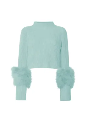 		Cashmere Silk Cropped Raglan Sweater With Marabou Feathers	