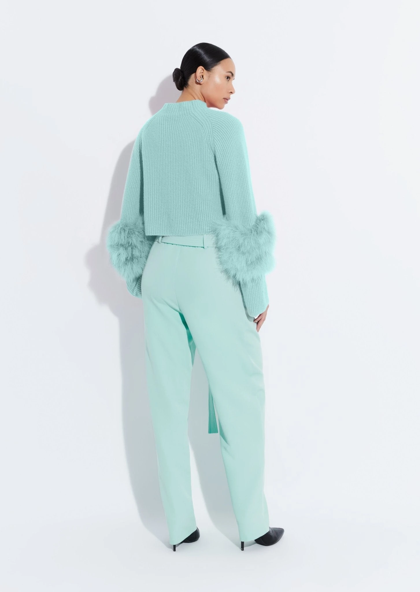 		Cashmere Silk Cropped Raglan Sweater With Marabou Feathers	