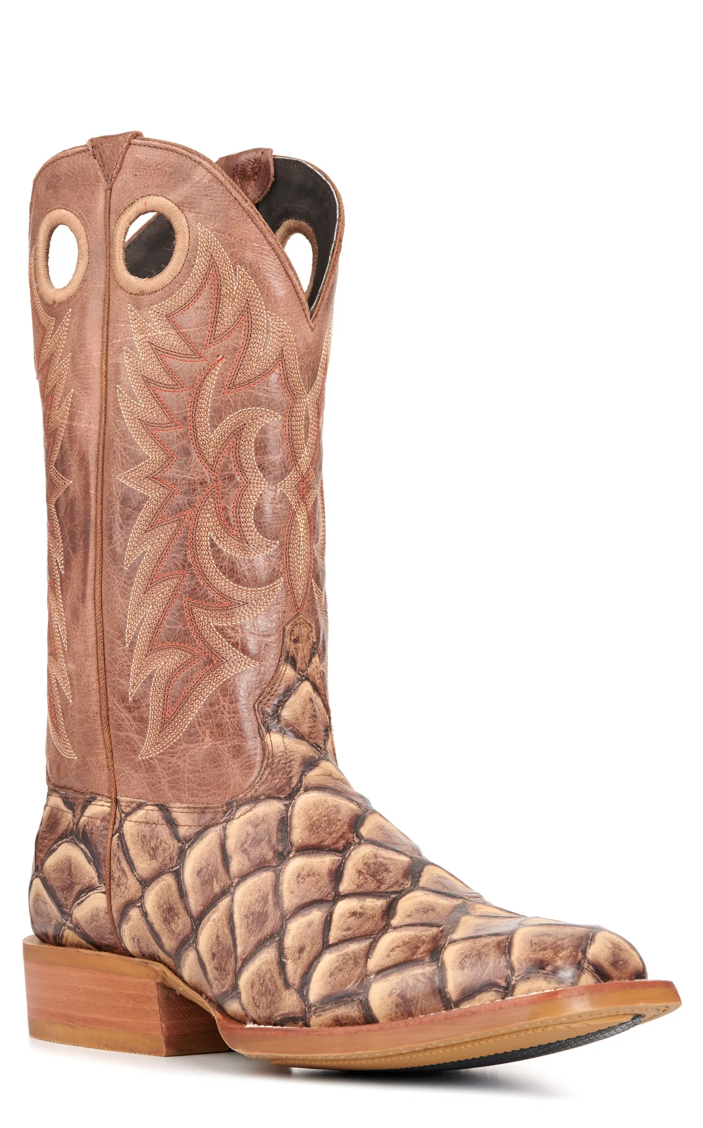 Cavender's Men's Intrepid Cognac and Sand Pirarucu Print Wide Square Toe Cowboy Boots