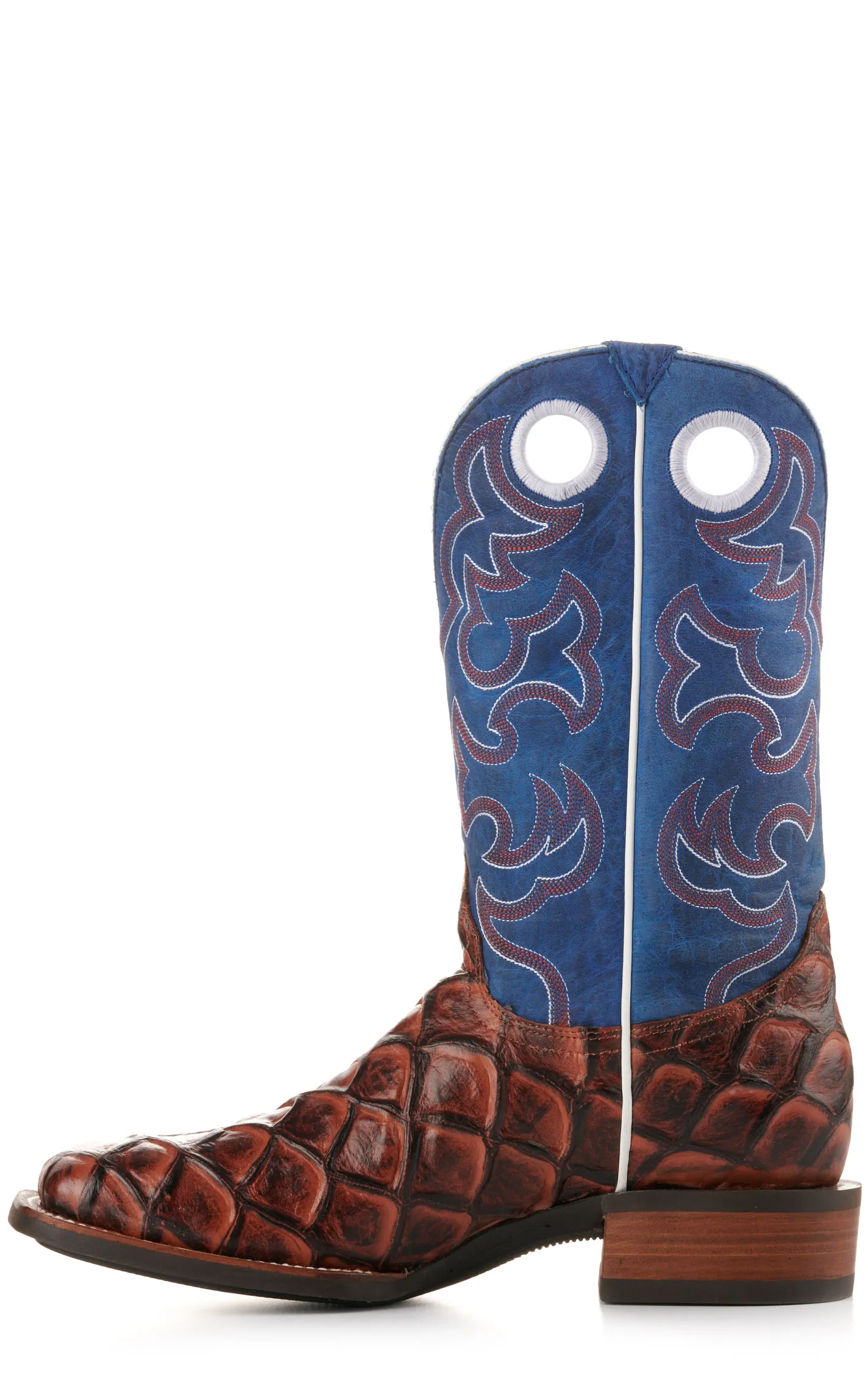 Cavender's Men's Intrepid Rust Pirarucu Print and Blue Wide Square Toe Cowboy Boots