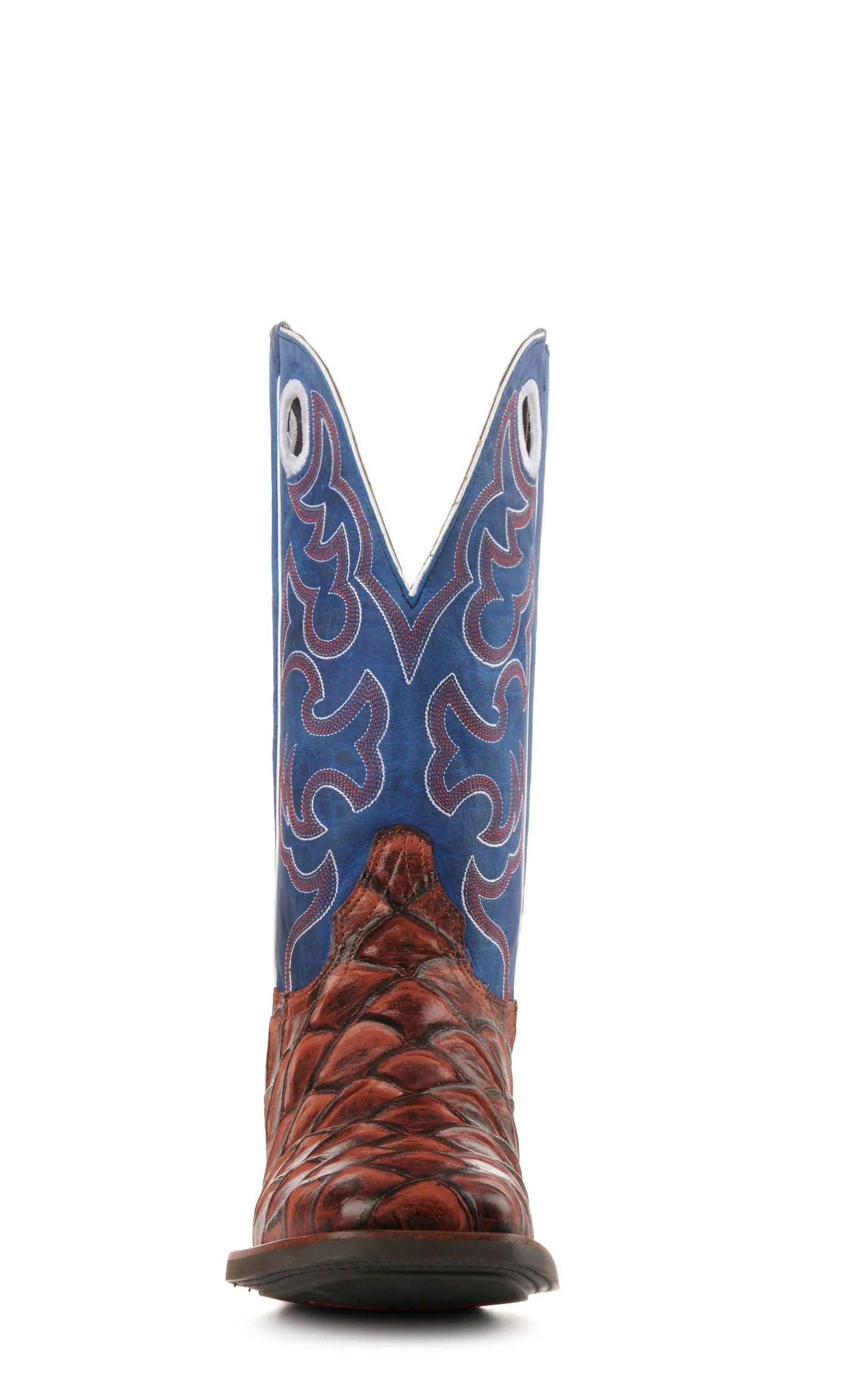 Cavender's Men's Intrepid Rust Pirarucu Print and Blue Wide Square Toe Cowboy Boots