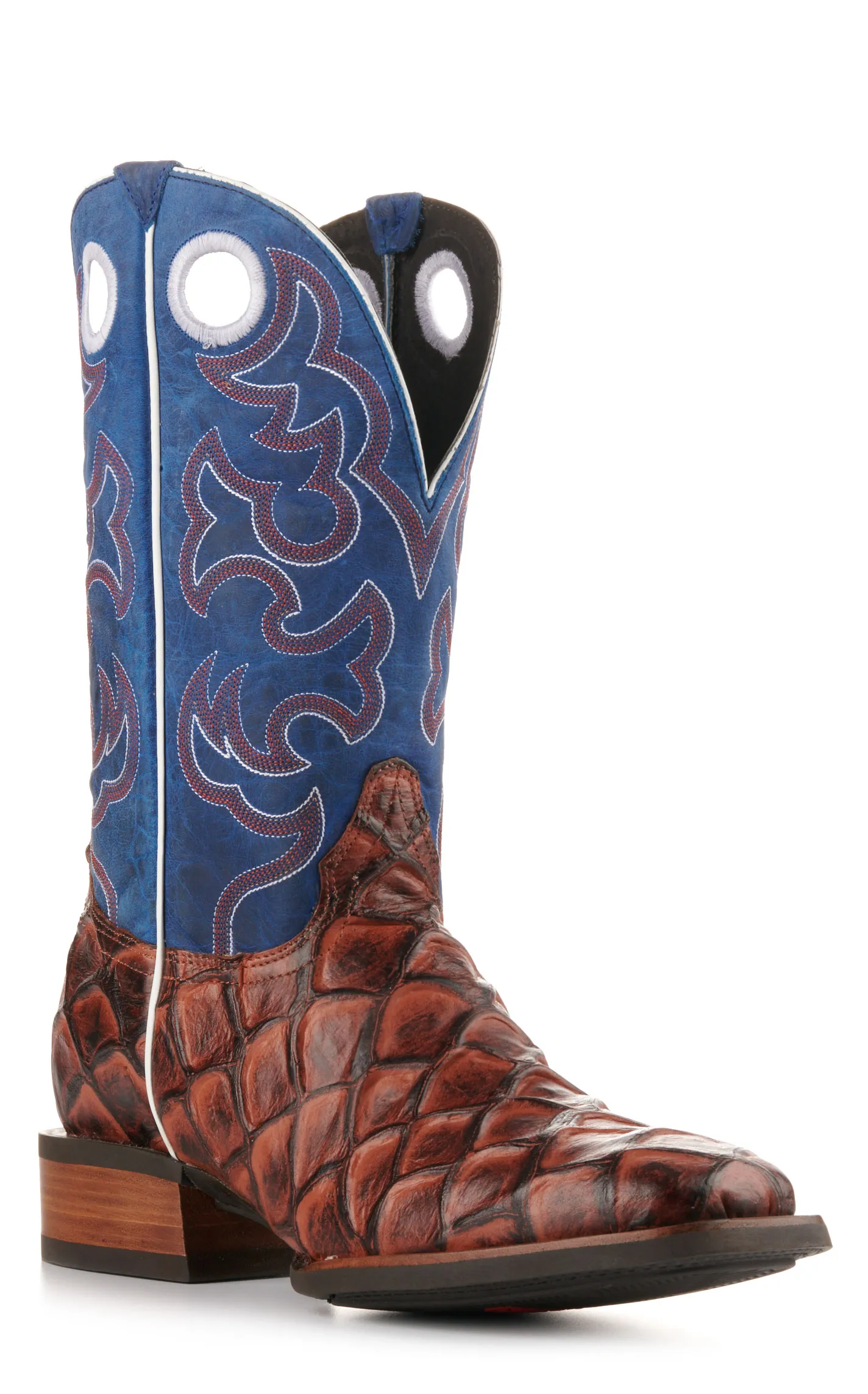 Cavender's Men's Intrepid Rust Pirarucu Print and Blue Wide Square Toe Cowboy Boots