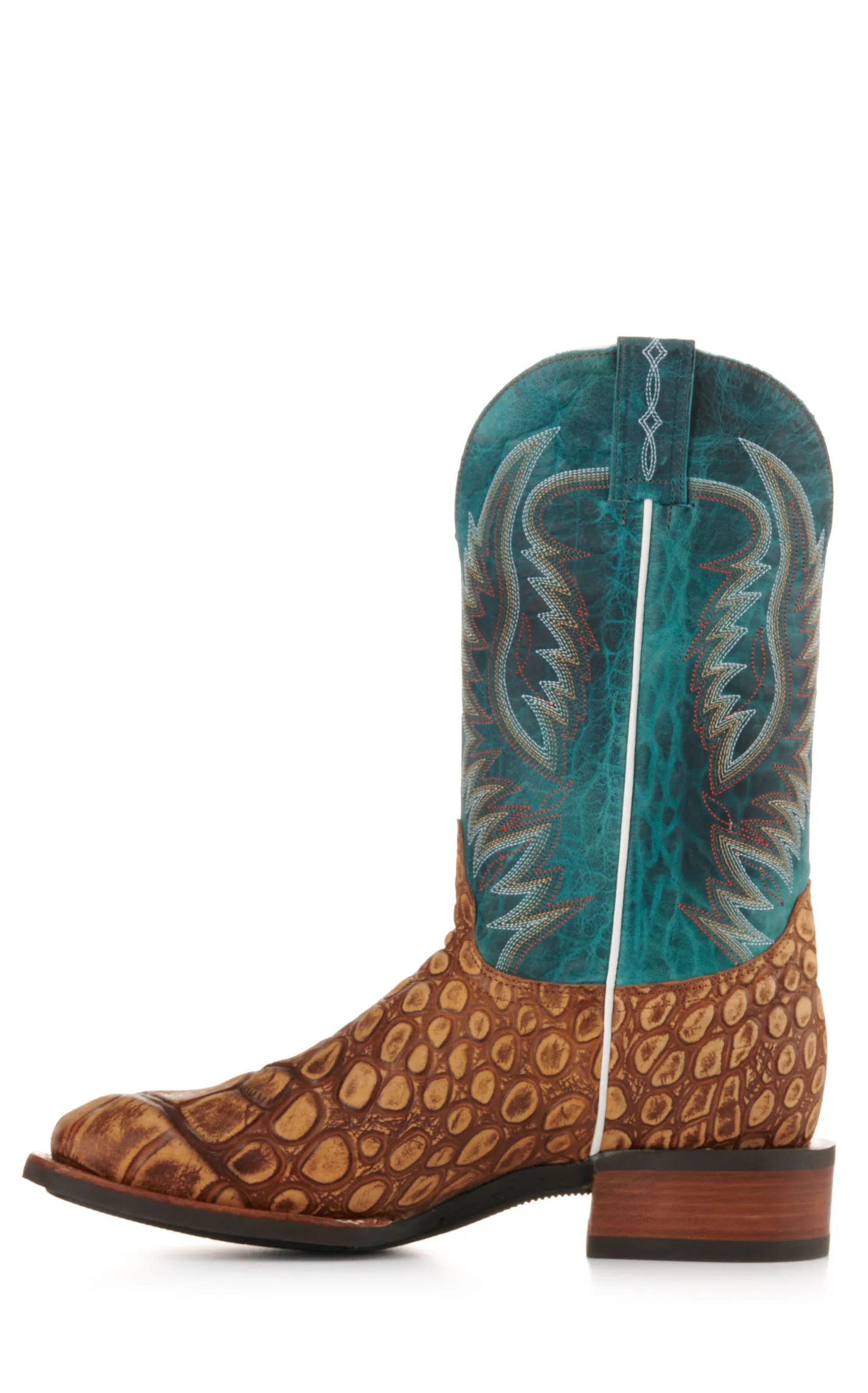 Cavender's Men's Intrepid Turquoise and Rustic Tan Alligator Print Wide Square Toe Cowboy Boot