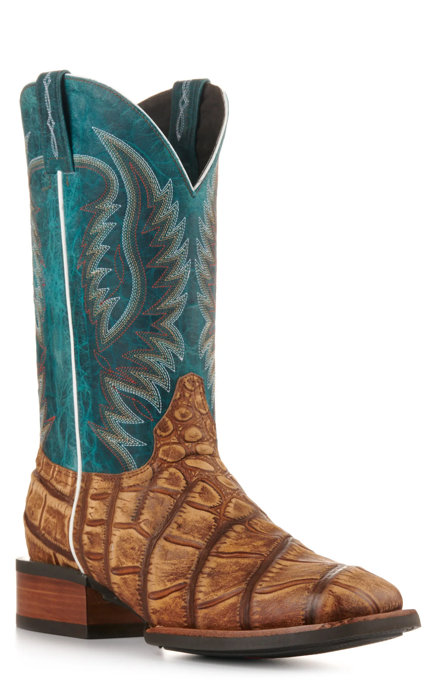 Cavender's Men's Intrepid Turquoise and Rustic Tan Alligator Print Wide Square Toe Cowboy Boot