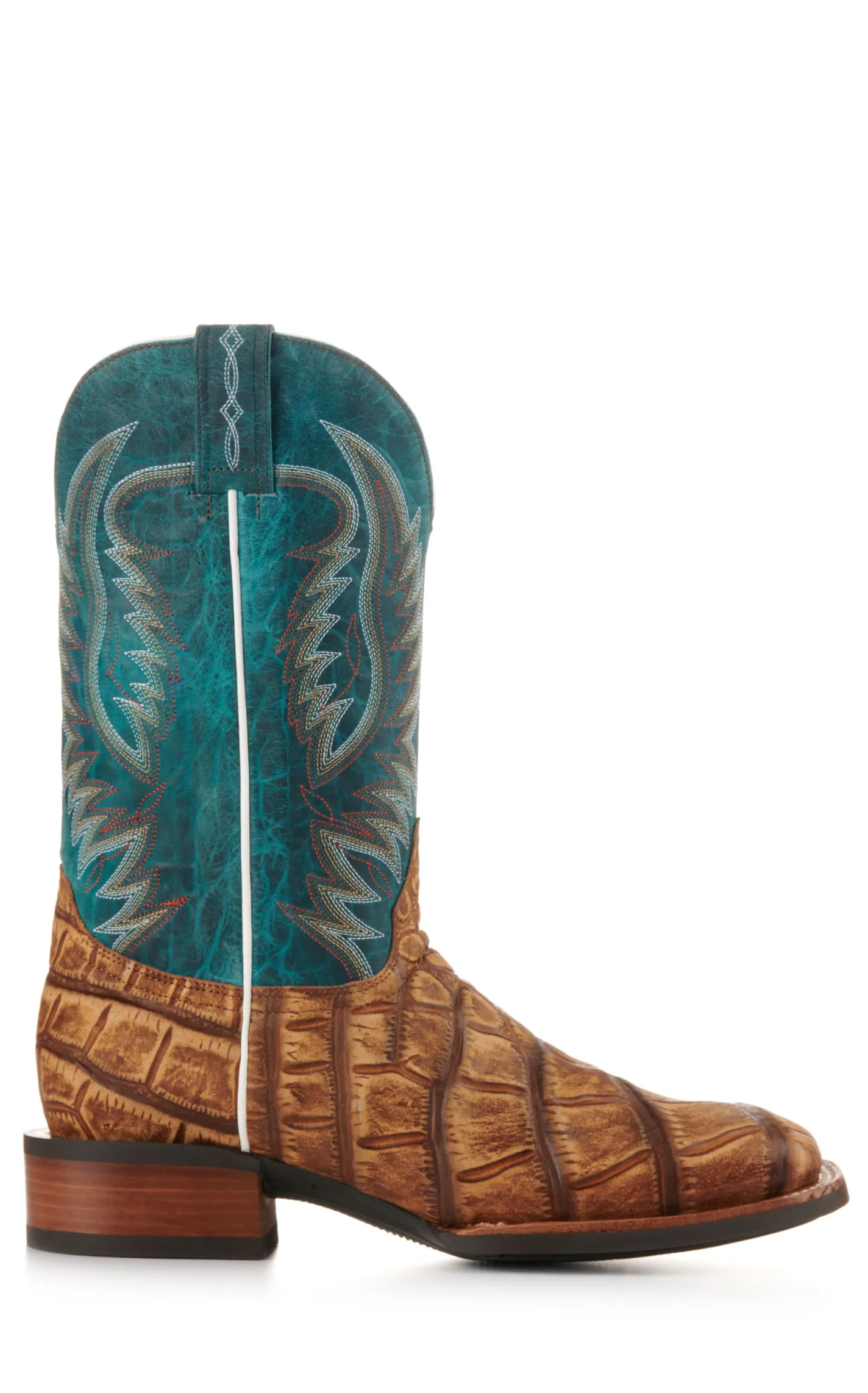 Cavender's Men's Intrepid Turquoise and Rustic Tan Alligator Print Wide Square Toe Cowboy Boot