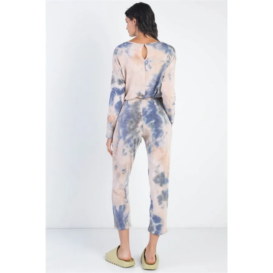 Cherish Apparel Tie-Dye Round Neck Long Sleeve Jumpsuit