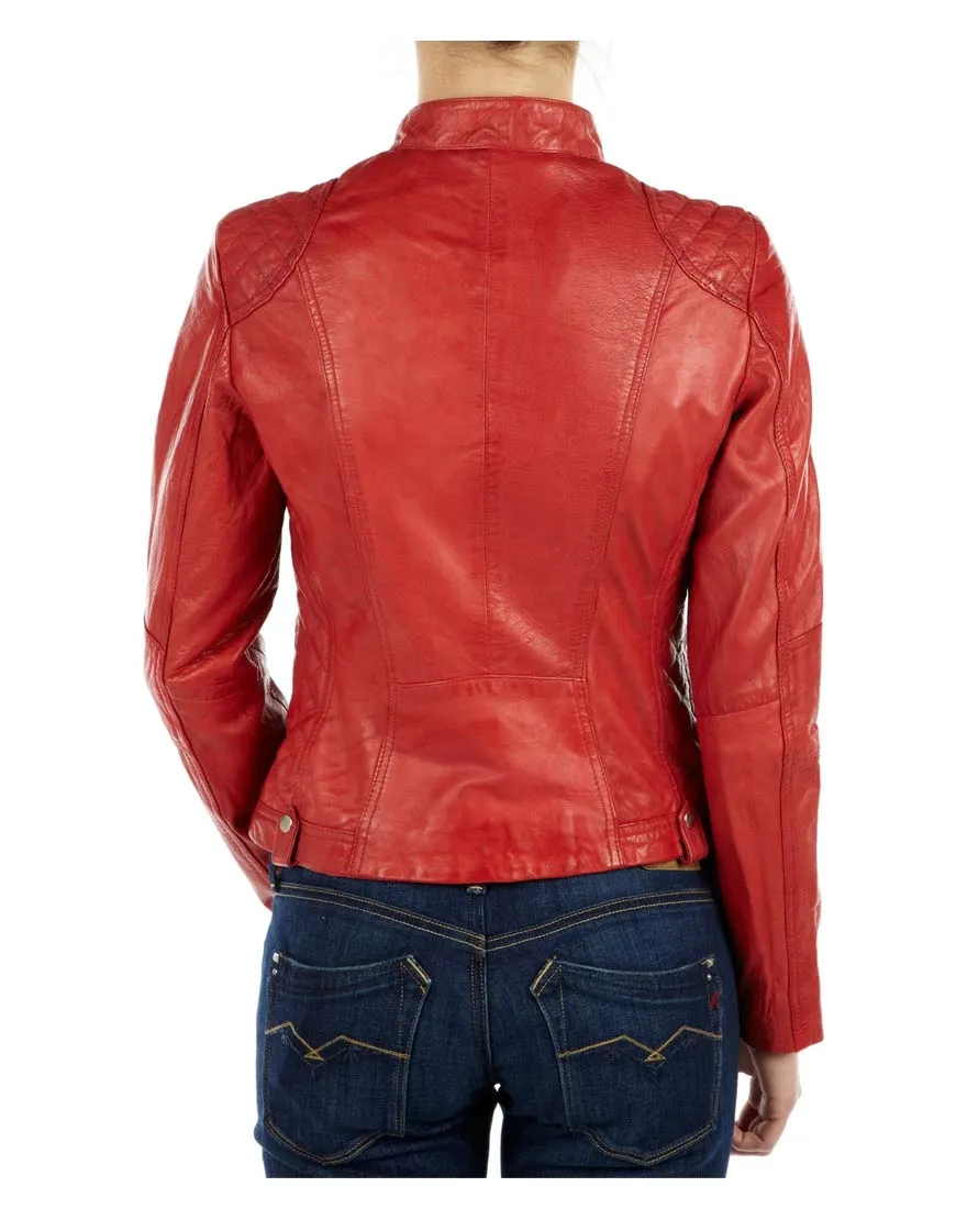 Classic Womens Red Leather Motorcycle Jacket - UJackets