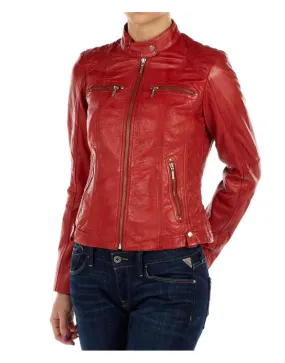 Classic Womens Red Leather Motorcycle Jacket - UJackets