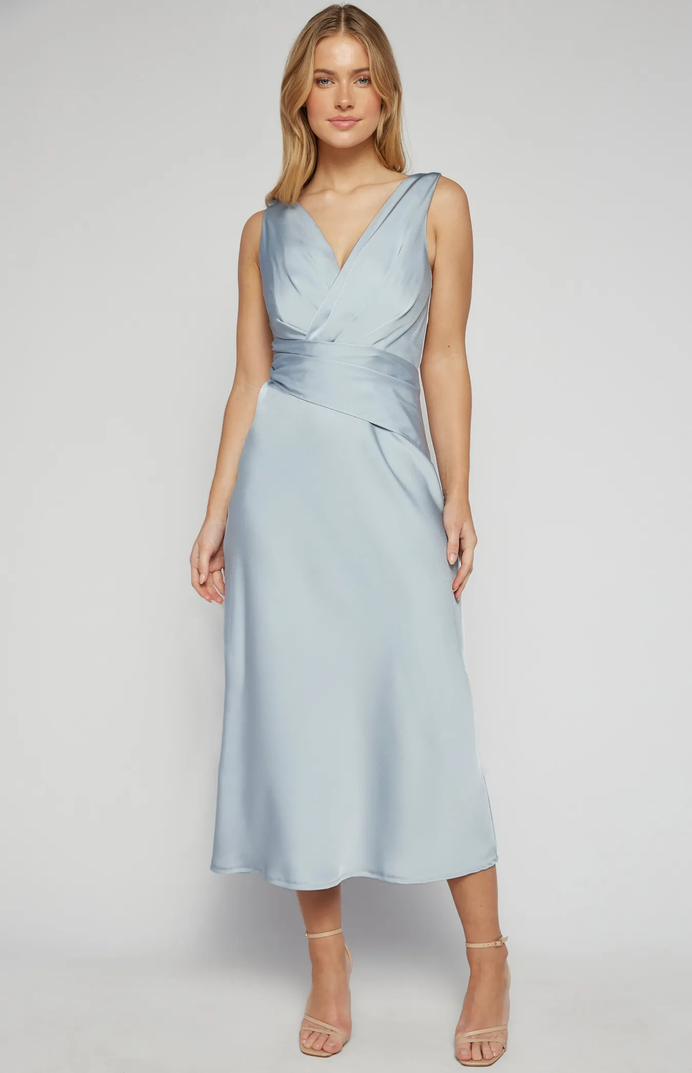 Cross Front Satin Midi Dress with Pleated Details (SDR1593A)