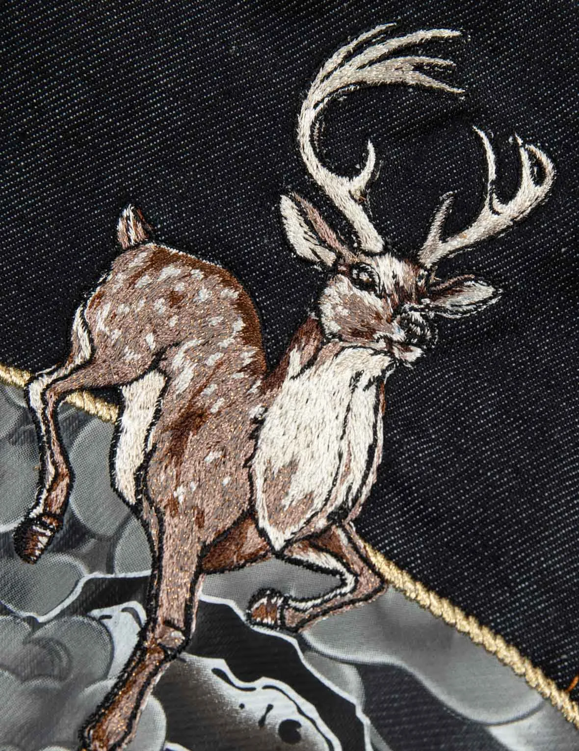 Deer Embroidery with Treasure Daicock Print Regular Fit Denim Jacket