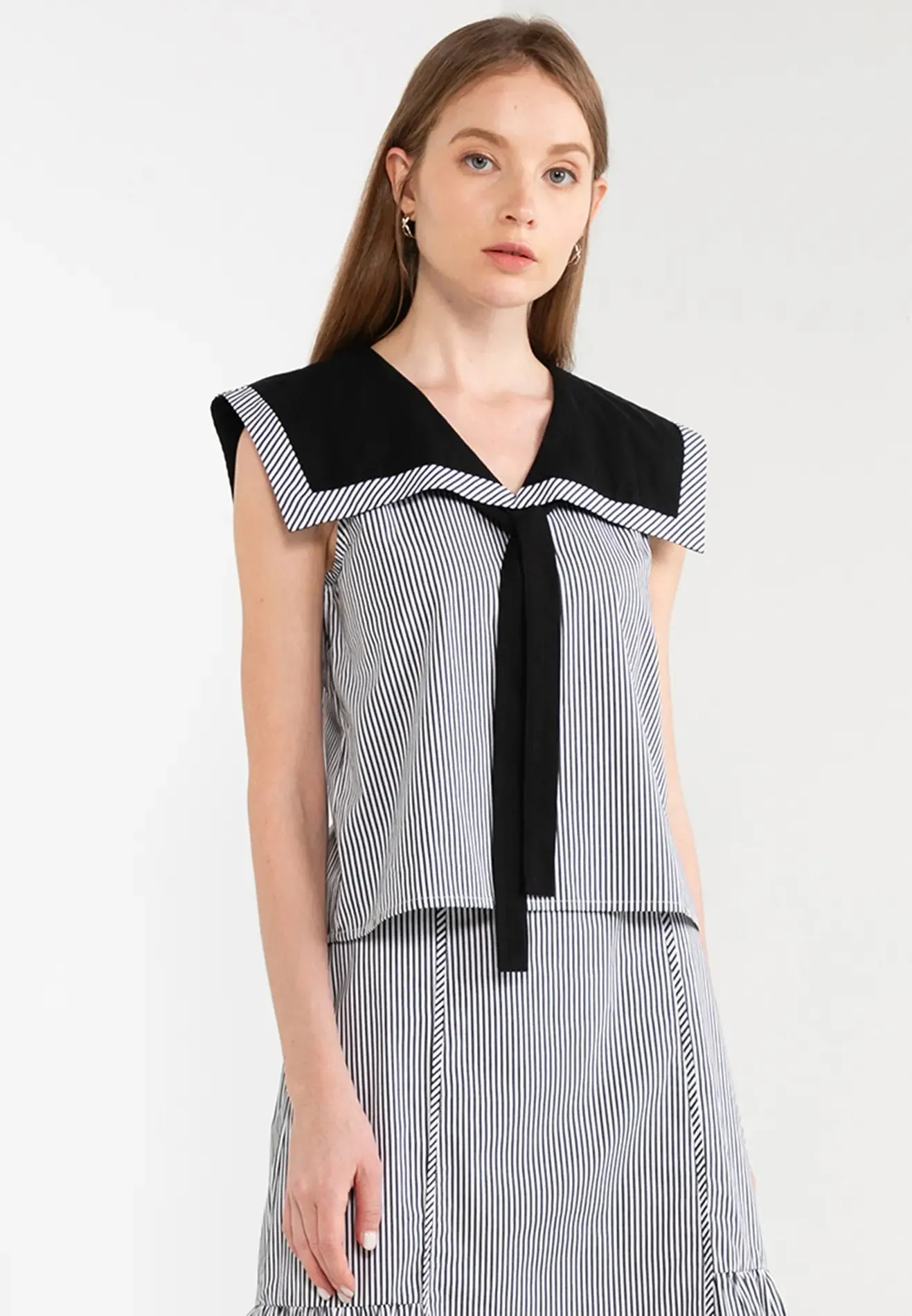 ELLE Apparel Sailor Collar Bow-Tie Striped Top