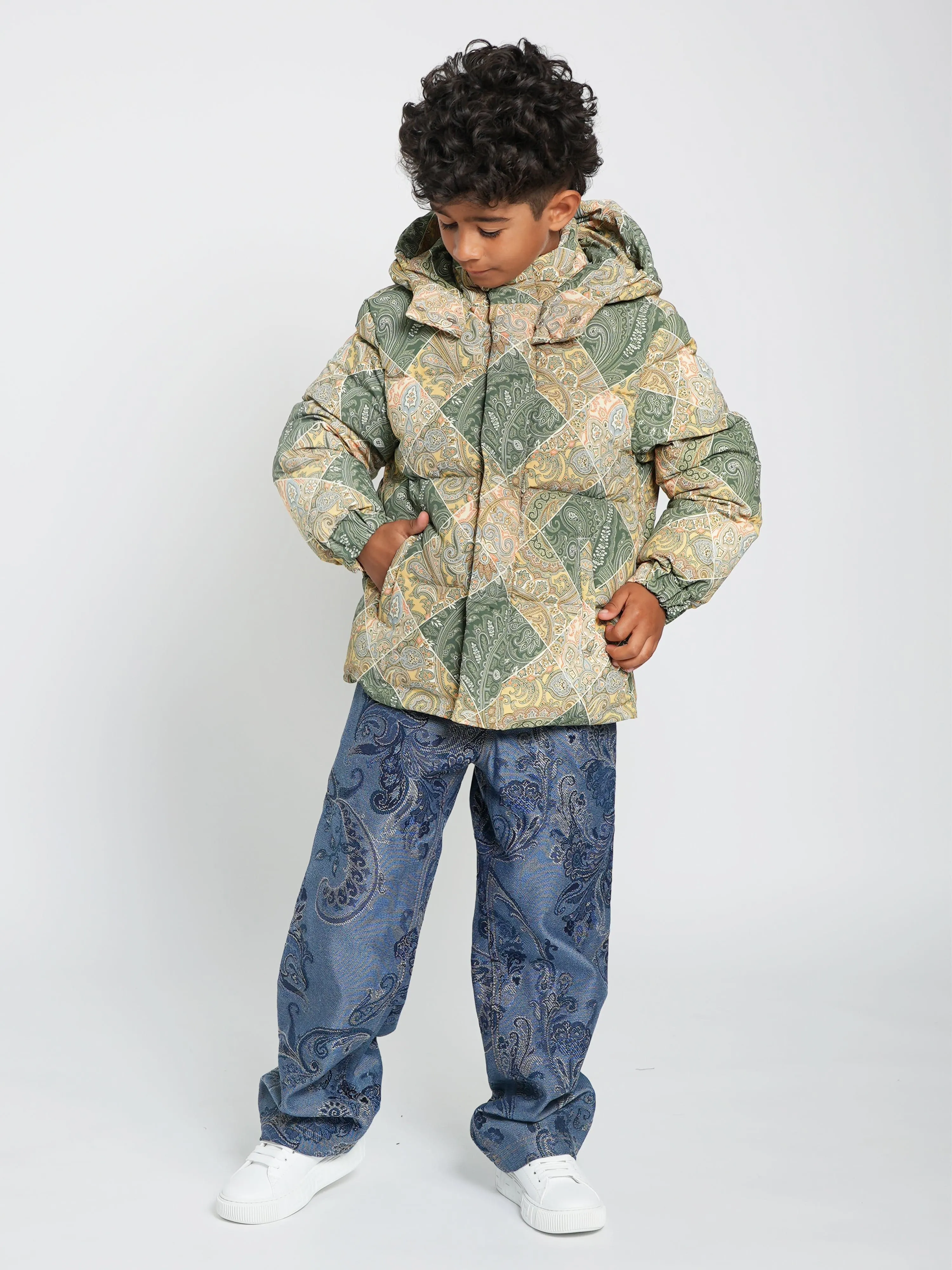 Etro Boys Paisley Puffer Jacket in Green