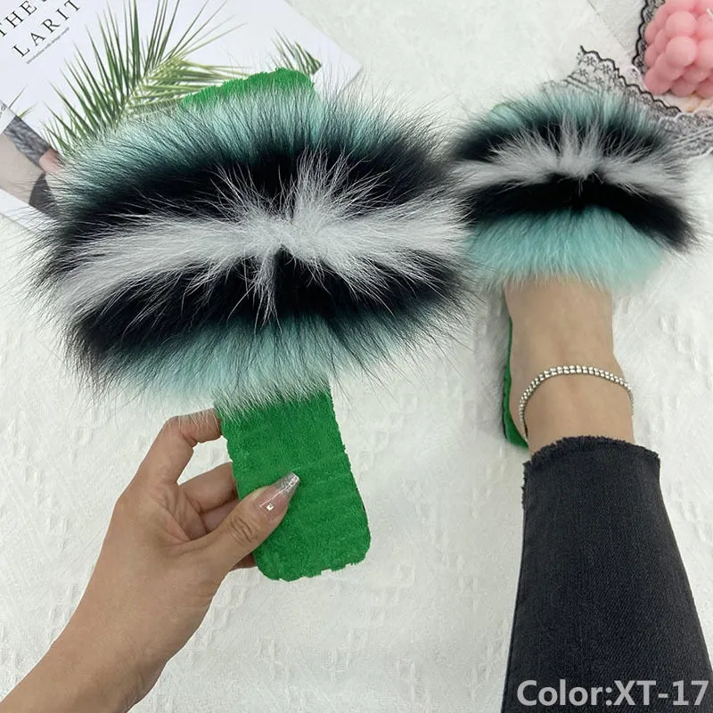 Fashion Summer Natural Fur Fluffy Cotton House Slippers for Women