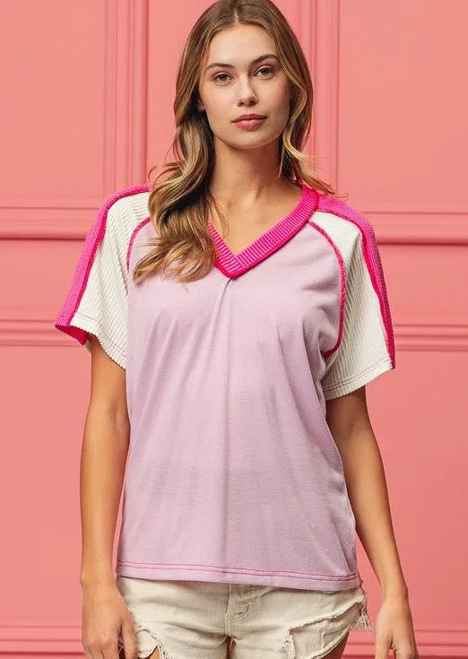 FINAL SALE - Pink & Fuchsia Ribbed Detail Tee