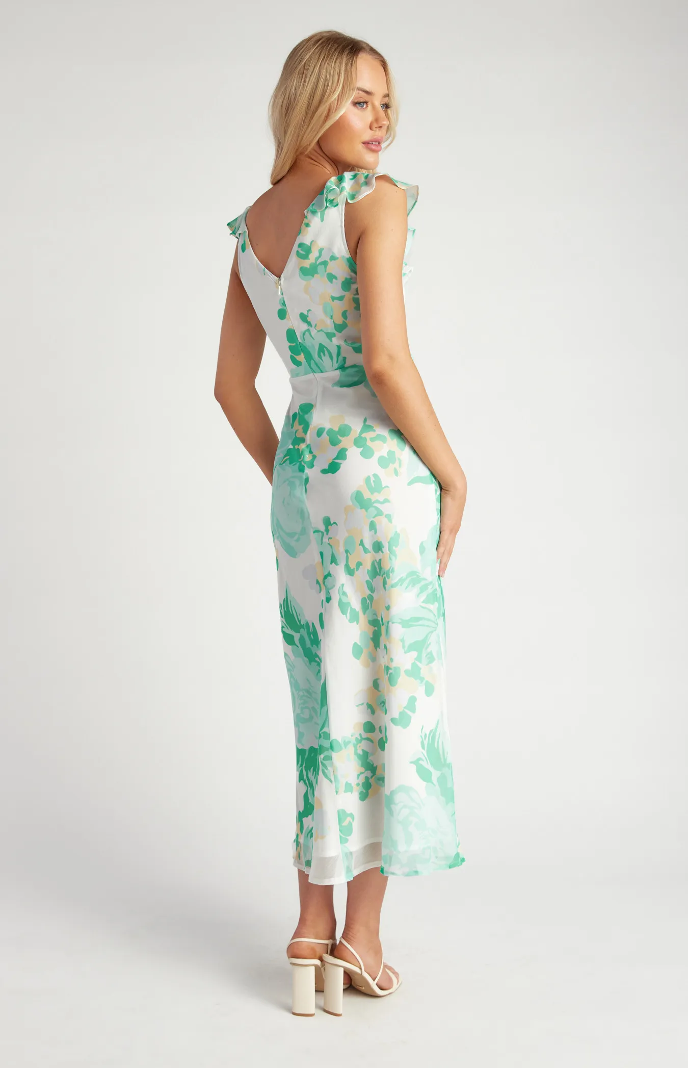 Floral Chiffon Midi Dress with Frill Neckline Details (SDR1648A)