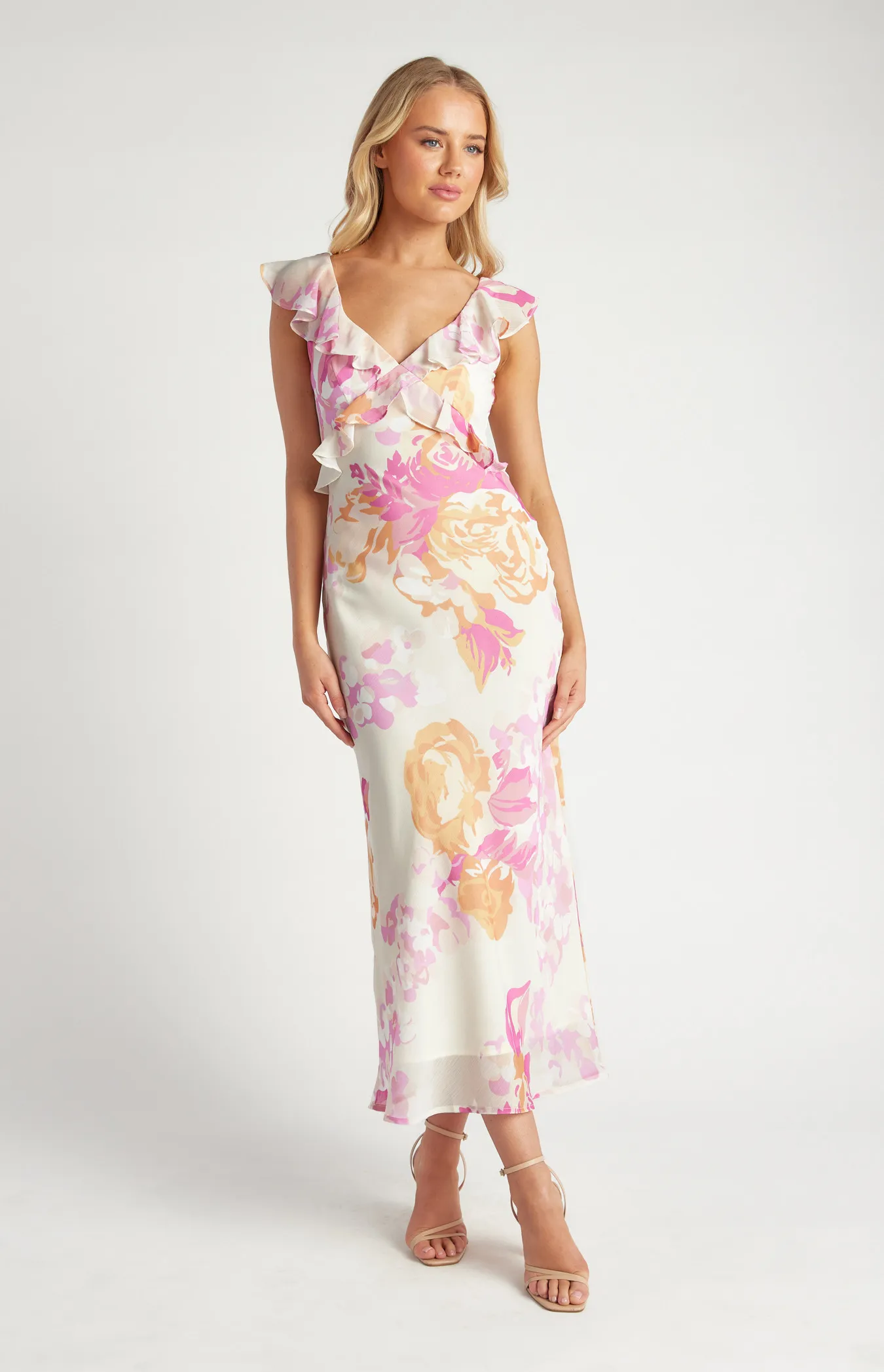 Floral Chiffon Midi Dress with Frill Neckline Details (SDR1648A)