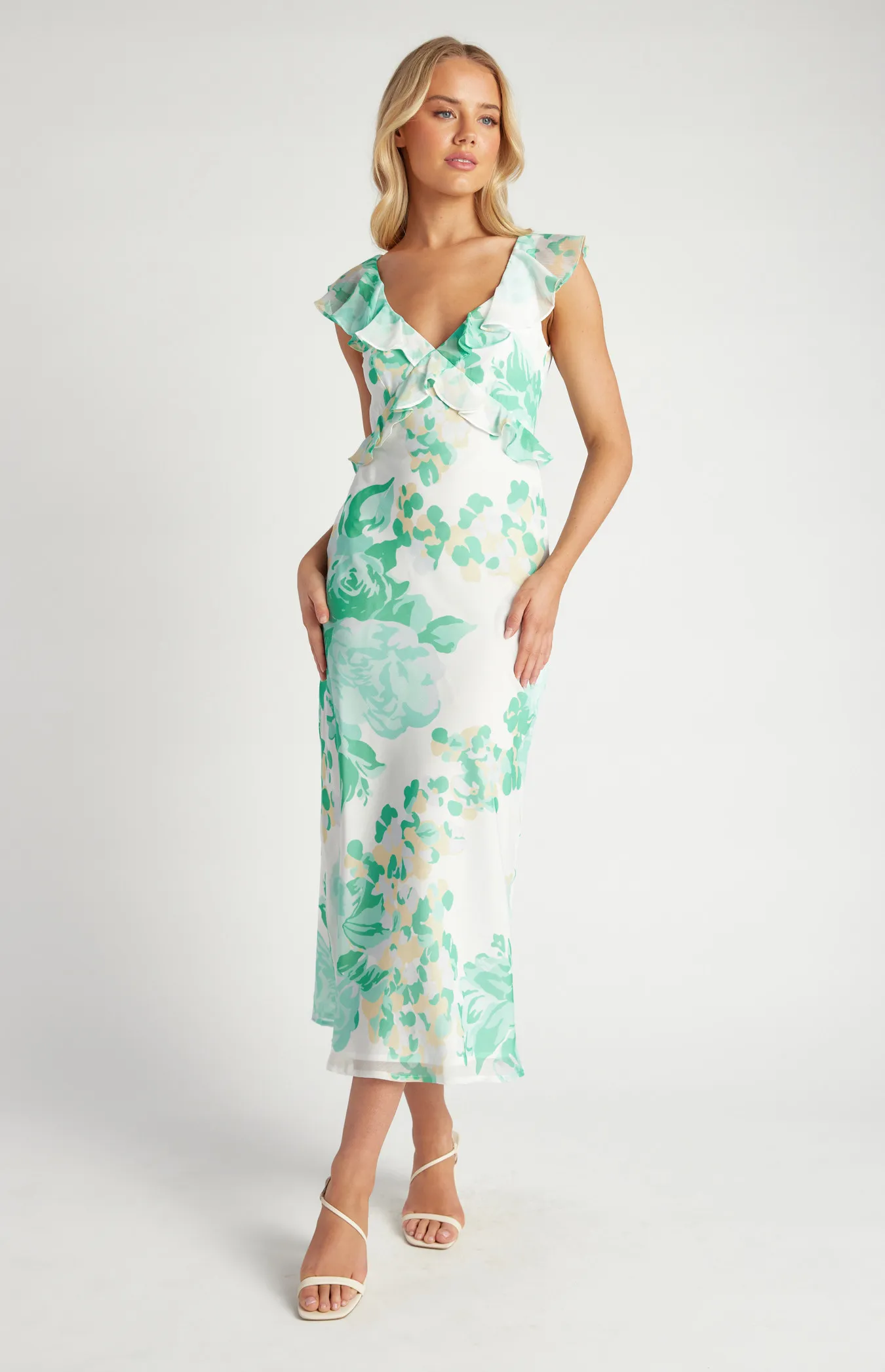 Floral Chiffon Midi Dress with Frill Neckline Details (SDR1648A)