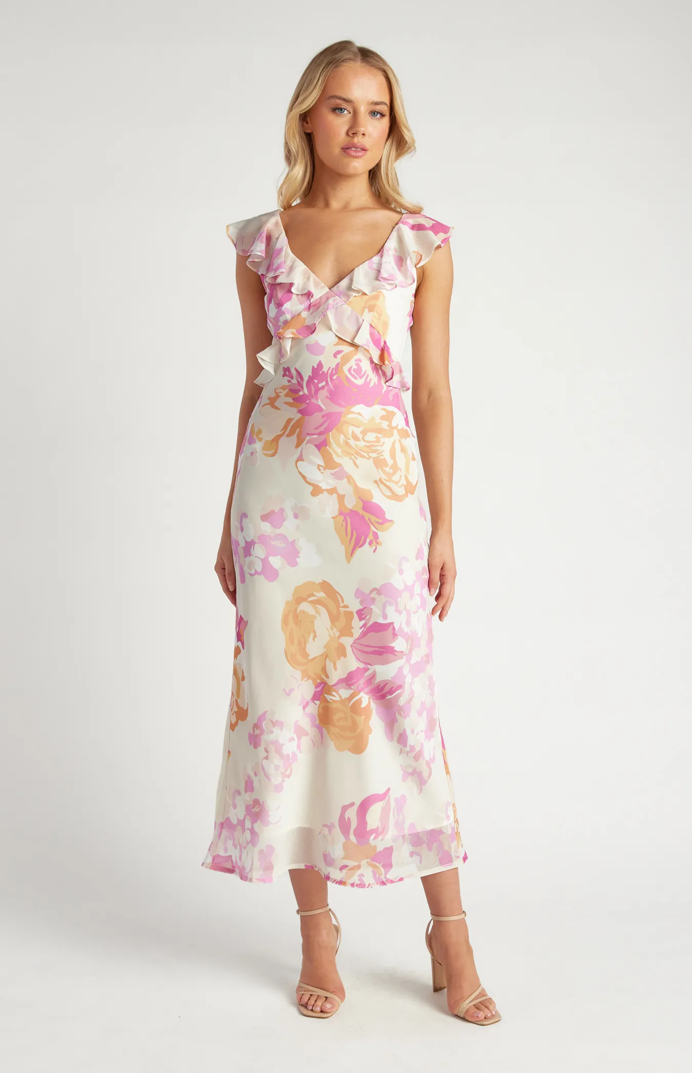 Floral Chiffon Midi Dress with Frill Neckline Details (SDR1648A)