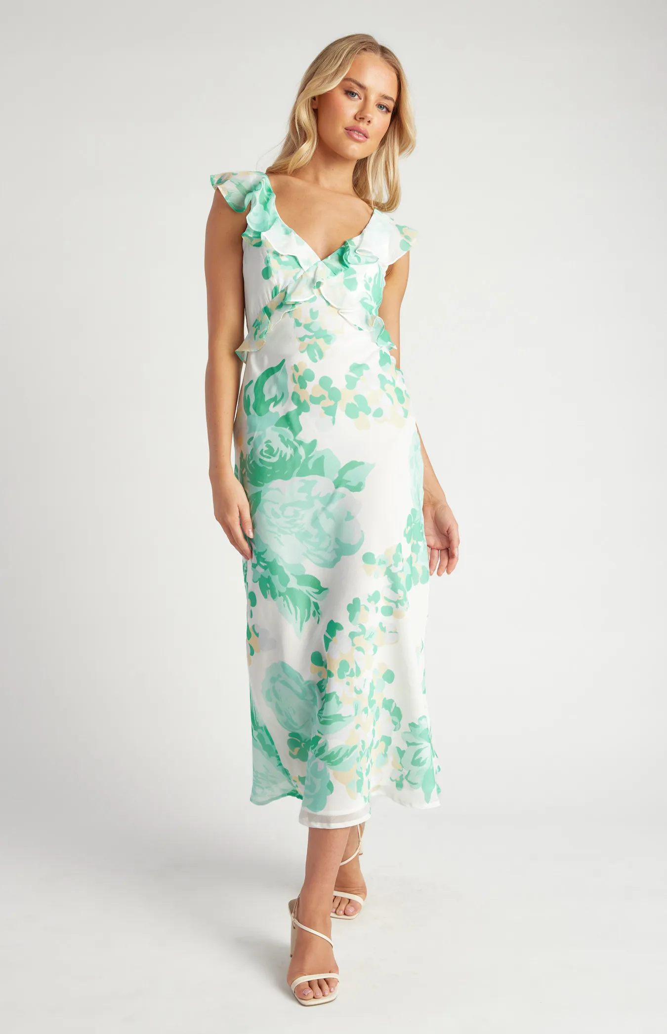 Floral Chiffon Midi Dress with Frill Neckline Details (SDR1648A)