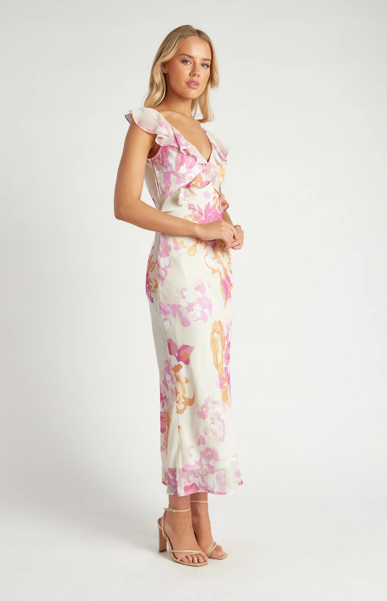 Floral Chiffon Midi Dress with Frill Neckline Details (SDR1648A)