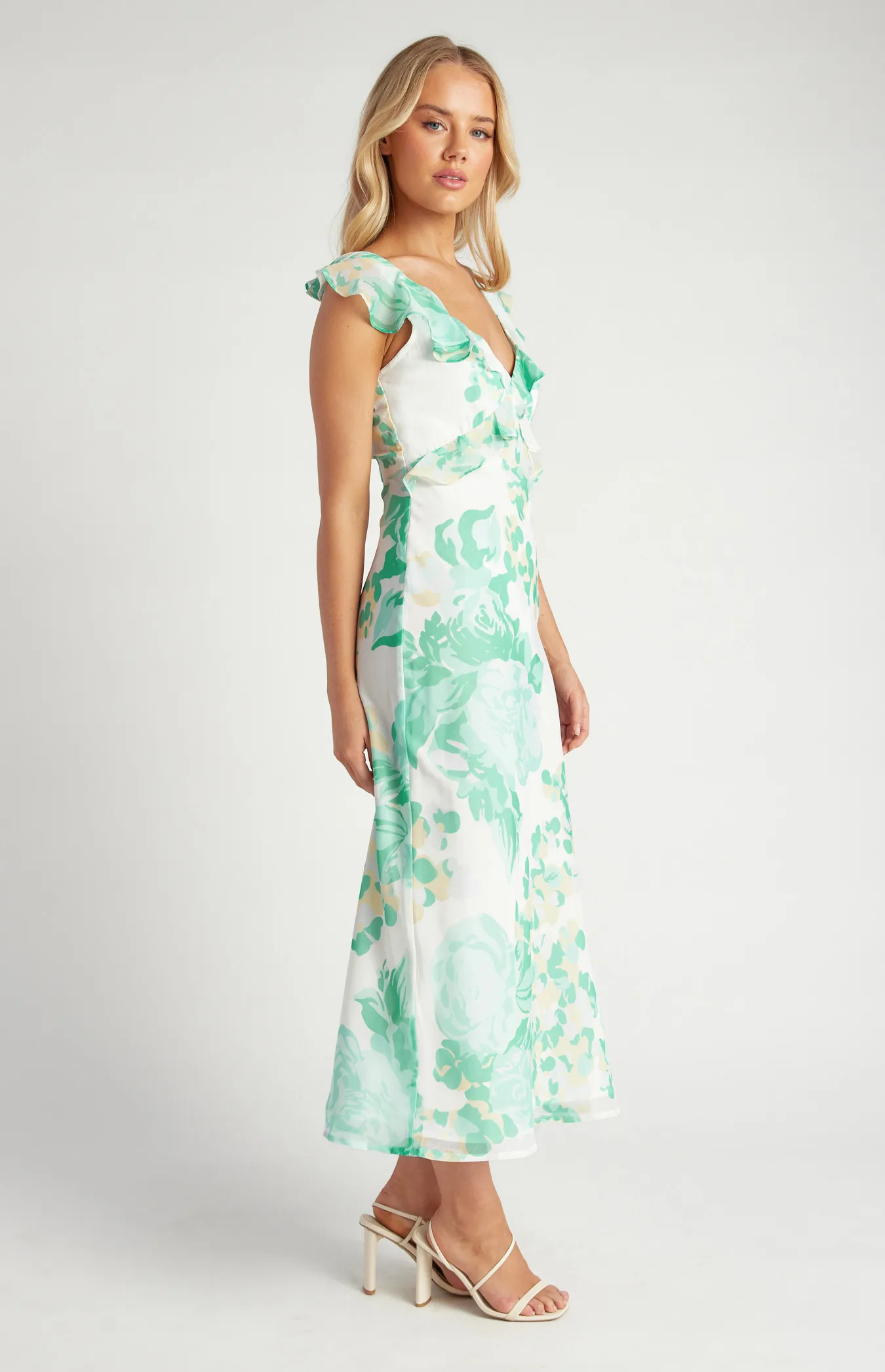 Floral Chiffon Midi Dress with Frill Neckline Details (SDR1648A)