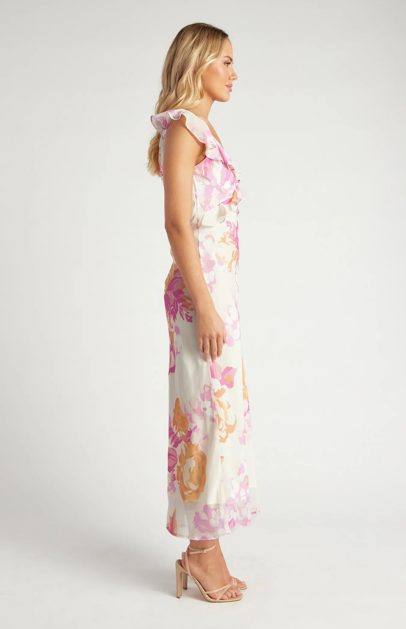 Floral Chiffon Midi Dress with Frill Neckline Details (SDR1648A)