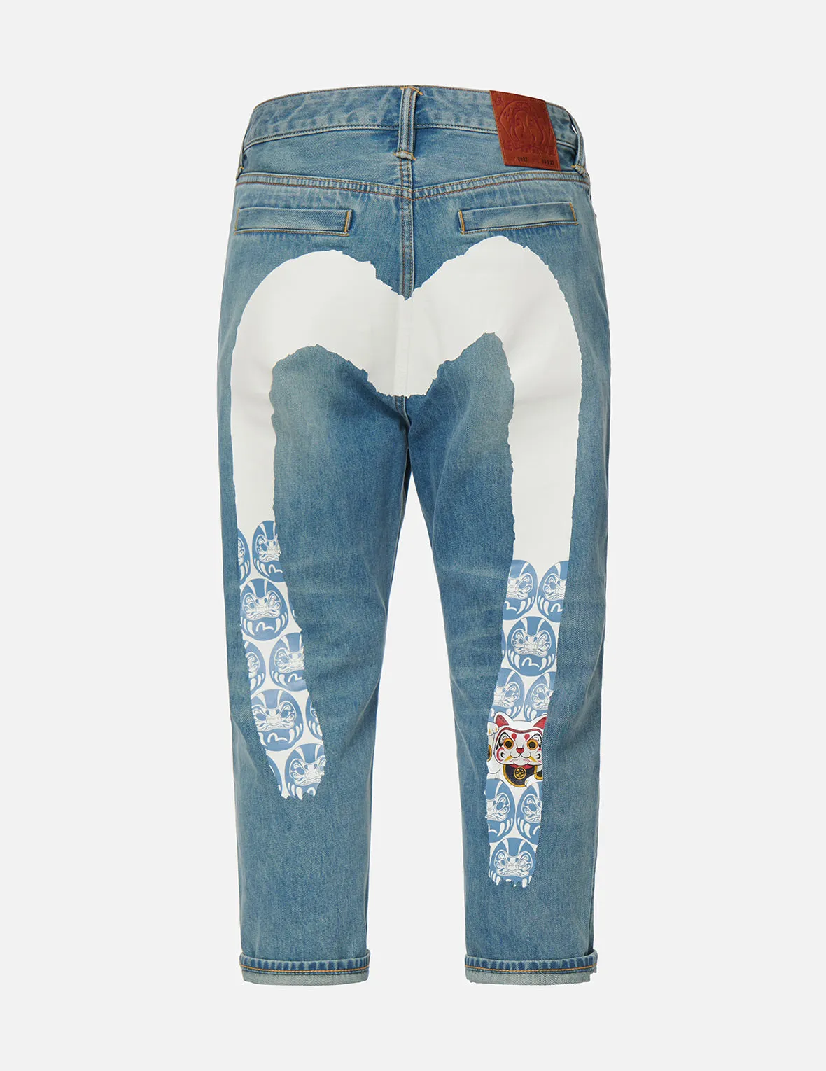 Fortune Cat and Daruma Daicock Print Cropped Fit Jeans #2027