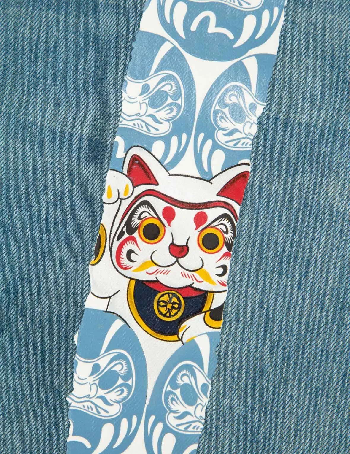 Fortune Cat and Daruma Daicock Print Cropped Fit Jeans #2027