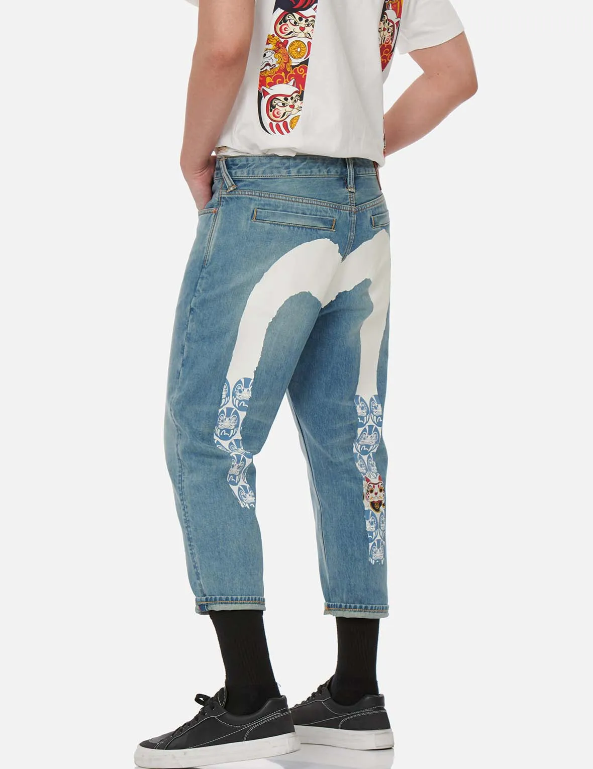 Fortune Cat and Daruma Daicock Print Cropped Fit Jeans #2027