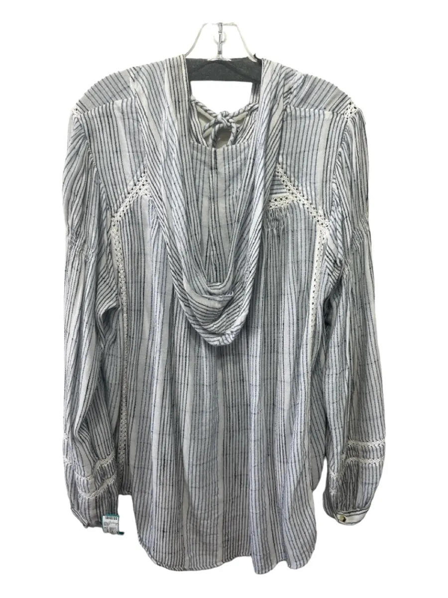 Free People Size S Blue & White Cotton Blend Hood Striped Long Sleeve Top